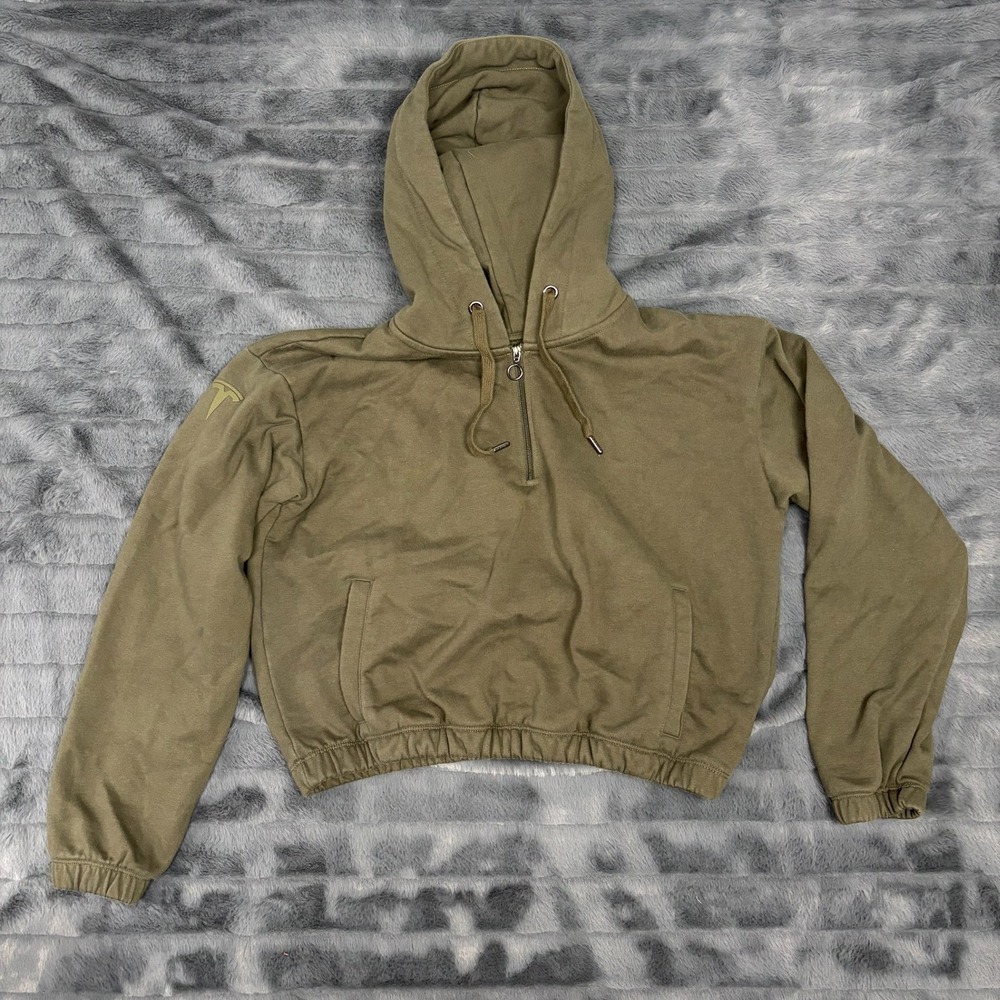 Tesla Womens Cropped Quarter Zip Hoodie Olive Green Small Logo Sweatshirt 7951
